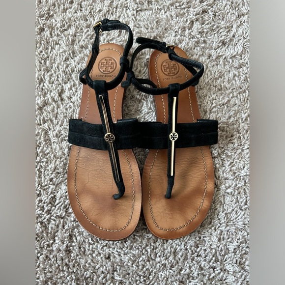 Tory Burch Bar Suede Logo Thong Sandal, Black - Picture 2 of 4